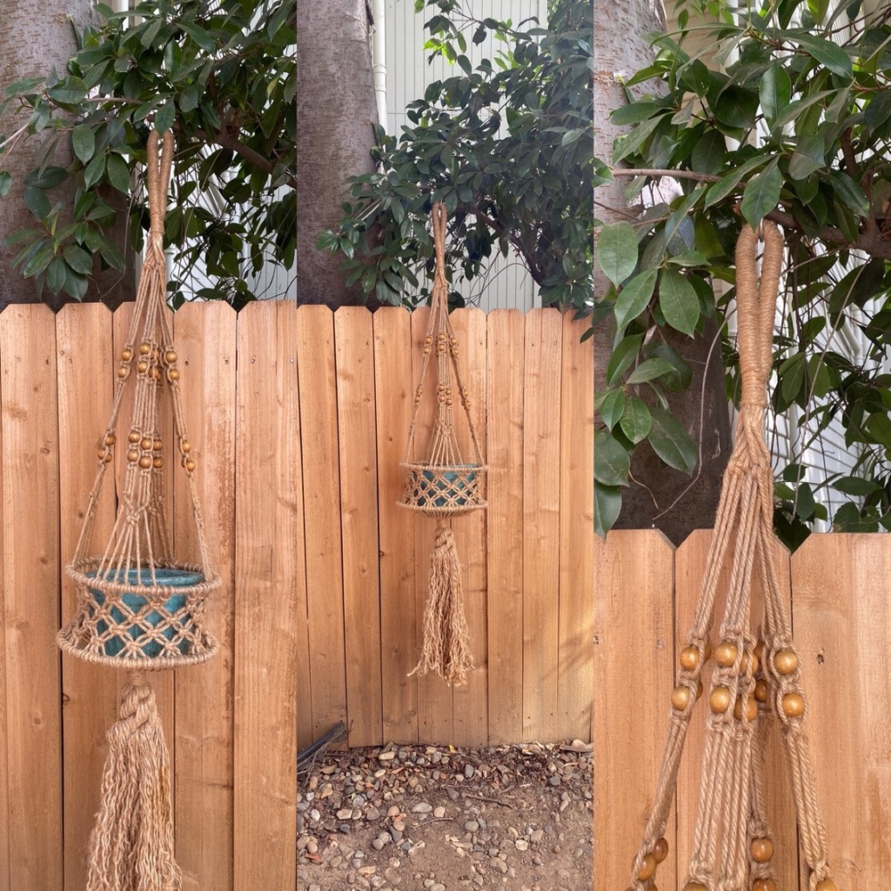 HUGE Vintage Jute Rope Macrame Plant Hanger 65" 70s Boho Fringe Houseplant Decor